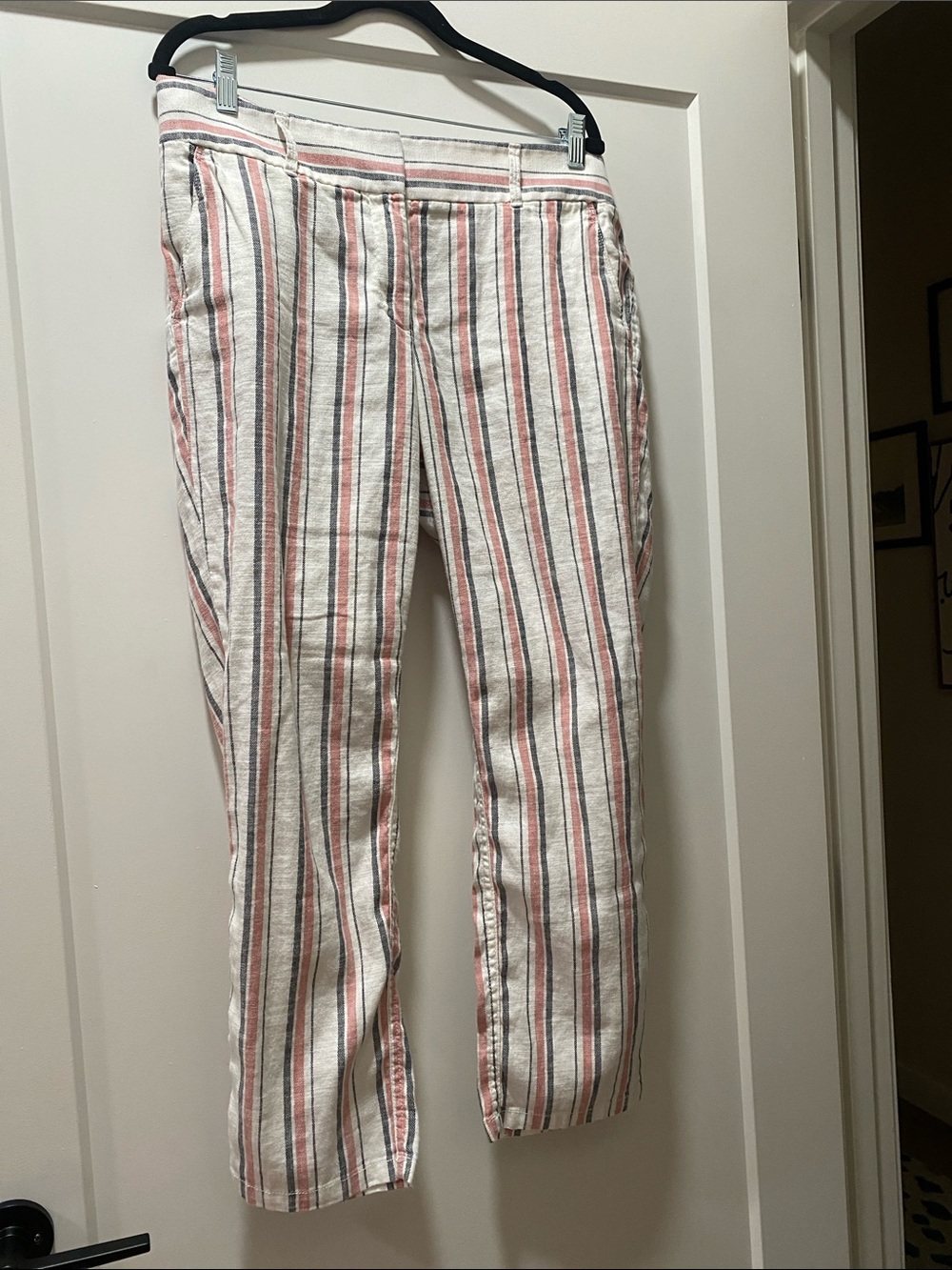 LOFT White Pants with Pink & Gray Stripes